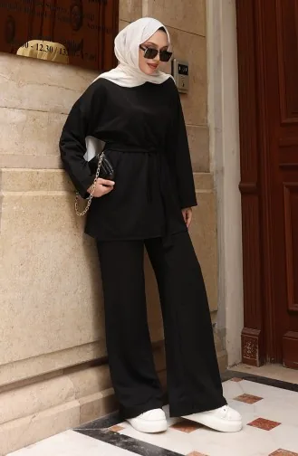 Geripptes Hijab-Hosen-Set Mit Bindebändern 2172-05 Schwarz 2172-05