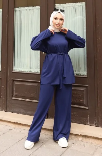 بدلة بنطلون حجاب بتفاصيل دانتيل 2174-01 أزرق داكن 2174-01