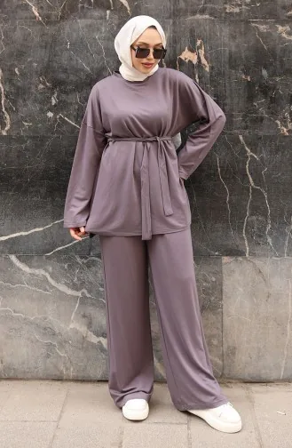 بدلة بنطلون حجاب بتفاصيل دانتيل 2174-02 رمادي 2174-02