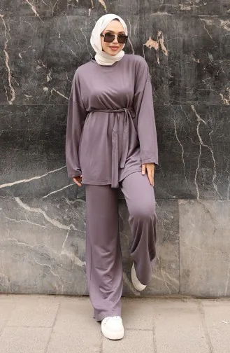 بدلة بنطلون حجاب بتفاصيل دانتيل 2174-02 رمادي 2174-02