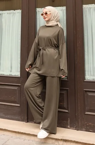 بدلة بنطلون حجاب بتفاصيل دانتيل 2174-04 كاكي 2174-04
