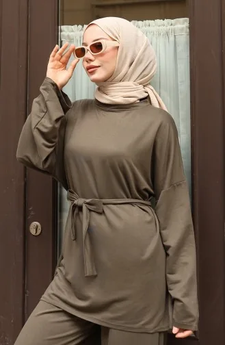 بدلة بنطلون حجاب بتفاصيل دانتيل 2174-04 كاكي 2174-04