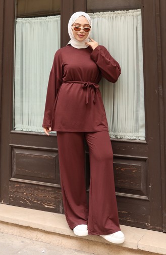 Kanten Gedetailleerd Hijab Broekpak 2174-05 Bruin 2174-05