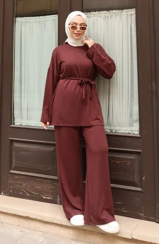 بدلة بنطلون حجاب بتفاصيل دانتيل 2174-05 بني 2174-05