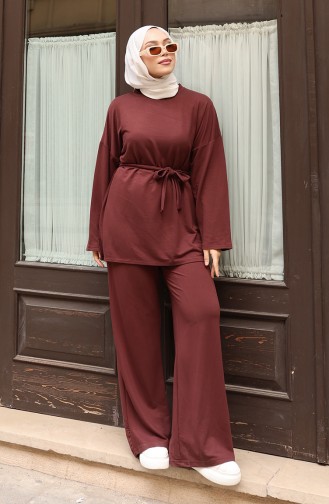 Kanten Gedetailleerd Hijab Broekpak 2174-05 Bruin 2174-05