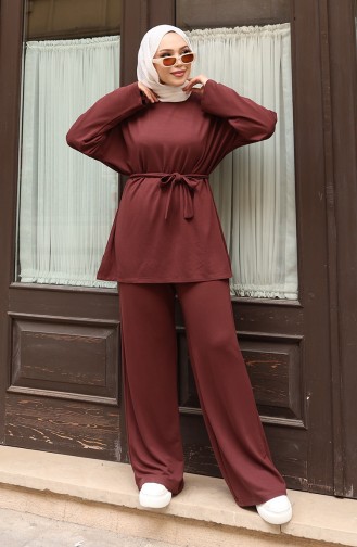 Kanten Gedetailleerd Hijab Broekpak 2174-05 Bruin 2174-05