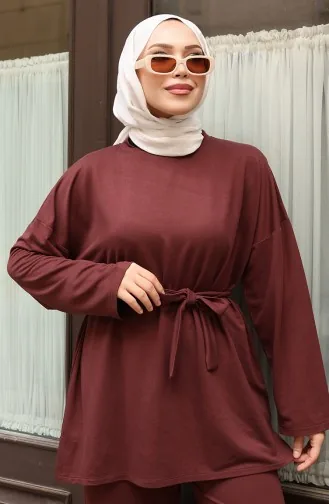 بدلة بنطلون حجاب بتفاصيل دانتيل 2174-05 بني 2174-05