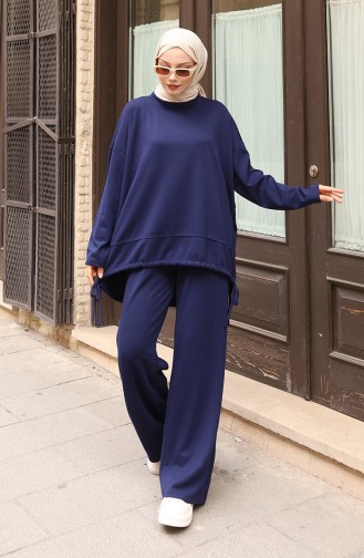 Lace Detailed Hijab Trouser Suit 2175-01 Navy Blue 2175-01