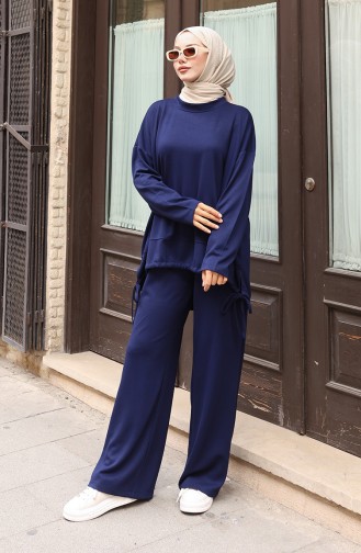 Lace Detailed Hijab Trouser Suit 2175-01 Navy Blue 2175-01