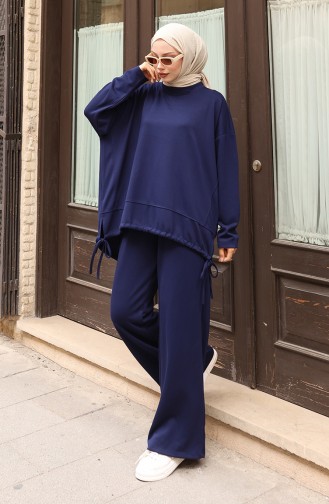 Lace Detailed Hijab Trouser Suit 2175-01 Navy Blue 2175-01