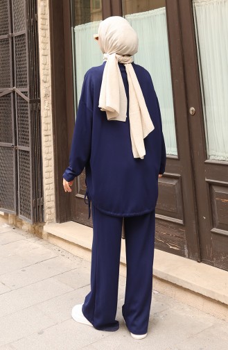 Lace Detailed Hijab Trouser Suit 2175-01 Navy Blue 2175-01