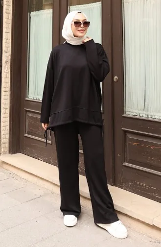 Kanten Gedetailleerd Hijab Broekpak 2175-03 Zwart 2175-03