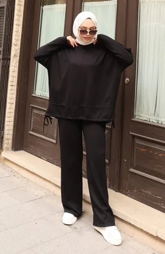 Kanten Gedetailleerd Hijab Broekpak 2175-03 Zwart 2175-03