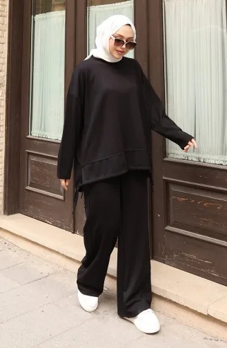 Kanten Gedetailleerd Hijab Broekpak 2175-03 Zwart 2175-03