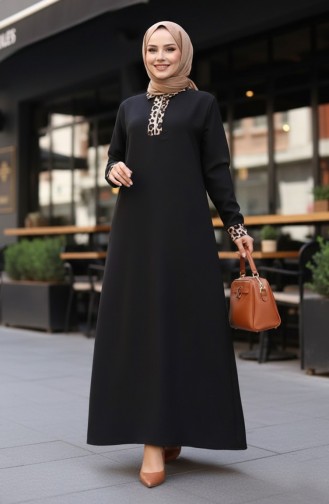 Leopar Desenli Elbise 0119-01 Siyah