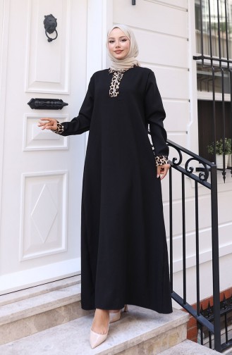 Leopar Desenli Elbise 0119-01 Siyah