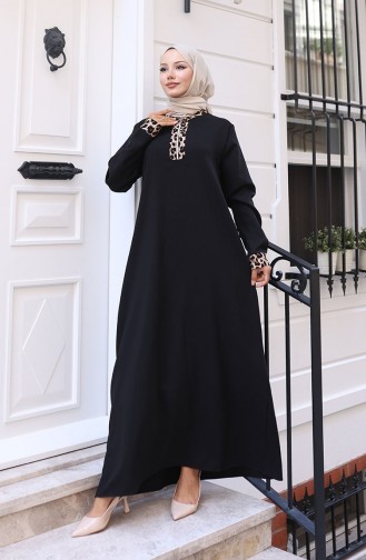 Leopar Desenli Elbise 0119-01 Siyah