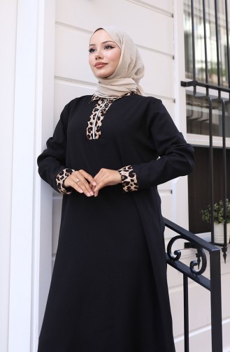 Leopar Desenli Elbise 0119-01 Siyah