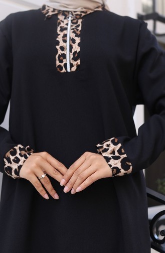 Leopar Desenli Elbise 0119-01 Siyah