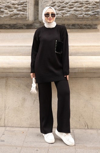 طقم من قطعتين من بنطلون تونك بتفاصيل جيوب محبوكة، لون أسود، 1093-01 1093-01