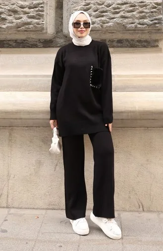 Gebreide Tuniek Met Zakdetail Tweedelige Set Broek 1093-01 Zwart 1093-01
