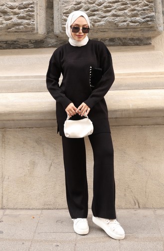 طقم من قطعتين من بنطلون تونك بتفاصيل جيوب محبوكة، لون أسود، 1093-01 1093-01