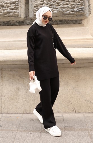 طقم من قطعتين من بنطلون تونك بتفاصيل جيوب محبوكة، لون أسود، 1093-01 1093-01