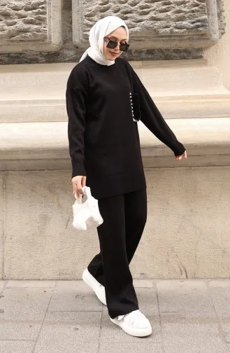 Gebreide Tuniek Met Zakdetail Tweedelige Set Broek 1093-01 Zwart 1093-01
