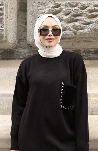 طقم من قطعتين من بنطلون تونك بتفاصيل جيوب محبوكة، لون أسود، 1093-01 1093-01