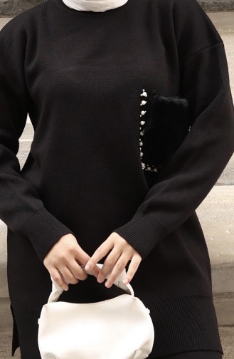 طقم من قطعتين من بنطلون تونك بتفاصيل جيوب محبوكة، لون أسود، 1093-01 1093-01