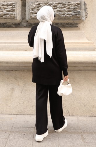 طقم من قطعتين من بنطلون تونك بتفاصيل جيوب محبوكة، لون أسود، 1093-01 1093-01