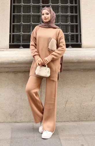 Triko Cep Detaylı Tunik Pantolon İkili Takım 1093-02 Sütlü kahve