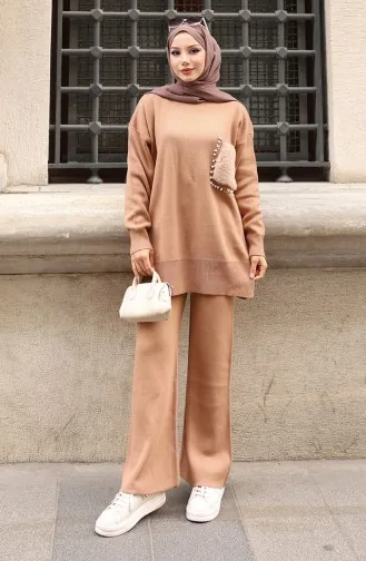 Triko Cep Detaylı Tunik Pantolon İkili Takım 1093-02 Sütlü kahve