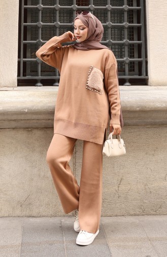 بدلة من قطعتين، بنطال وبنطلون محبوك بجيوب، لون قهوة حليبية، رقم 1093-02 1093-02