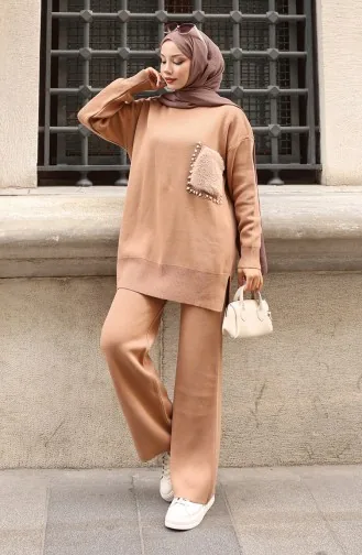 Triko Cep Detaylı Tunik Pantolon İkili Takım 1093-02 Sütlü kahve