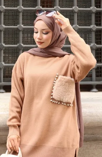 Triko Cep Detaylı Tunik Pantolon İkili Takım 1093-02 Sütlü kahve