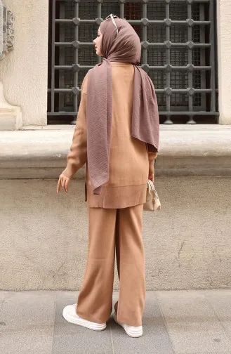Triko Cep Detaylı Tunik Pantolon İkili Takım 1093-02 Sütlü kahve