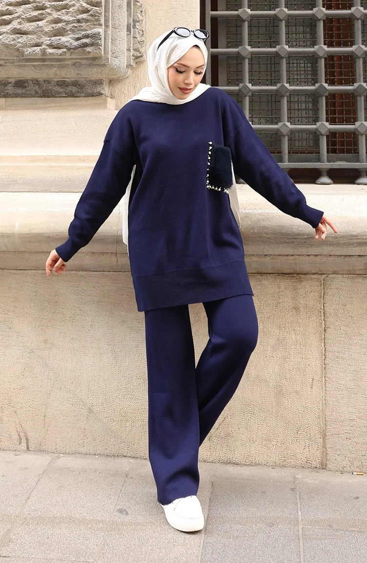 Triko Cep Detaylı Tunik Pantolon İkili Takım 1093-03 Lacivert