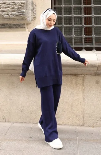 Triko Cep Detaylı Tunik Pantolon İkili Takım 1093-03 Lacivert