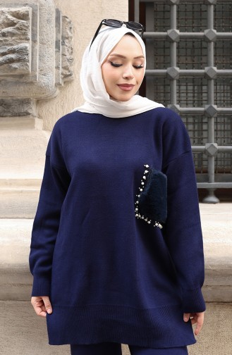 بدلة من قطعتين، بنطال وبنطال تونيك بتفاصيل جيوب، لون أزرق داكن، رقم 1093-03 1093-03