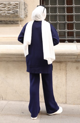 بدلة من قطعتين، بنطال وبنطال تونيك بتفاصيل جيوب، لون أزرق داكن، رقم 1093-03 1093-03