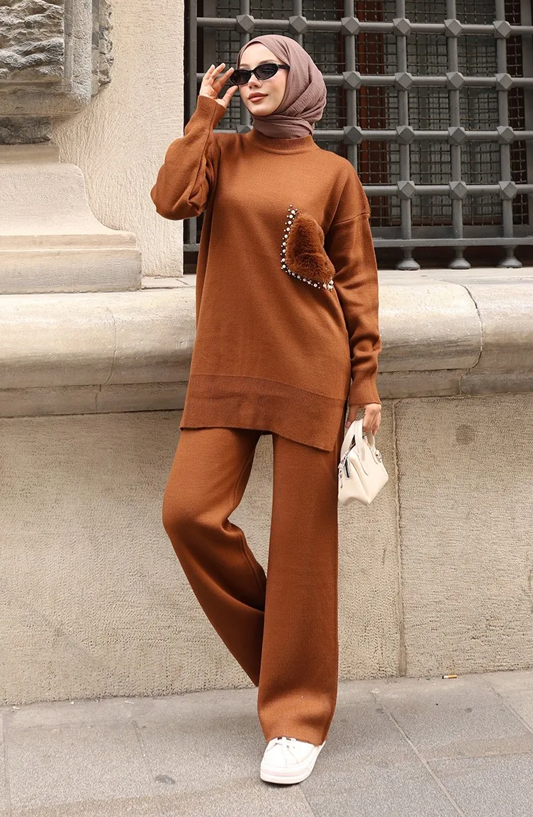 Ensemble Deux Pièces En Maille Tunique Et Pantalon à Poches Réf. 1093-04 Marron 1093-04