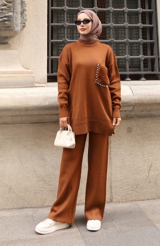 بدلة من قطعتين، بنطال تونك بتفاصيل جيوب، لون بني، 1093-04 1093-04