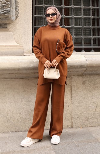 بدلة من قطعتين، بنطال تونك بتفاصيل جيوب، لون بني، 1093-04 1093-04