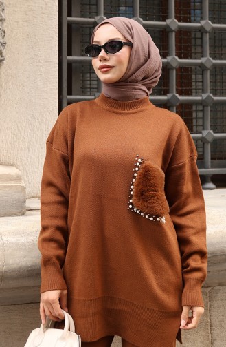 بدلة من قطعتين، بنطال تونك بتفاصيل جيوب، لون بني، 1093-04 1093-04