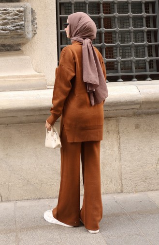 بدلة من قطعتين، بنطال تونك بتفاصيل جيوب، لون بني، 1093-04 1093-04