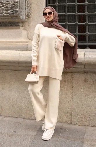 Ensemble Deux Pièces En Maille Beige : Tunique Et Pantalon à Poches Réf. 1093-05 1093-05