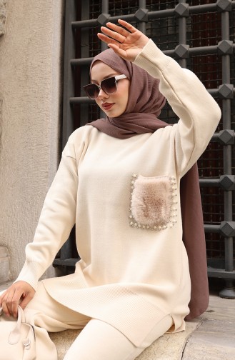 طقم تونيك وبنطلون محبوك بتفاصيل جيوب من قطعتين، 1093-05 بيج 1093-05