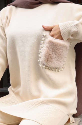 طقم تونيك وبنطلون محبوك بتفاصيل جيوب من قطعتين، 1093-05 بيج 1093-05