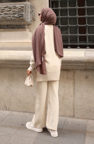 طقم تونيك وبنطلون محبوك بتفاصيل جيوب من قطعتين، 1093-05 بيج 1093-05